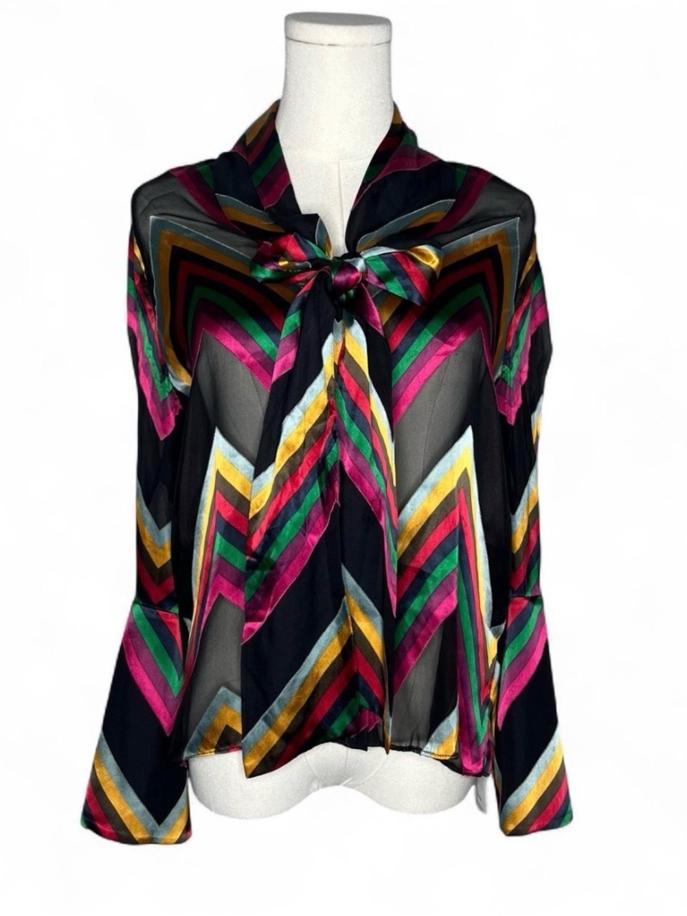 Alice + Olivia Meredith Silk Blend Neck Tie Blouse in Multicolor Chevron